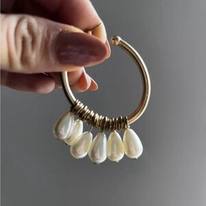 Yellow Gold Hoop Earrings With Pearl Accents - Dainty Costume Fashion Jewelry